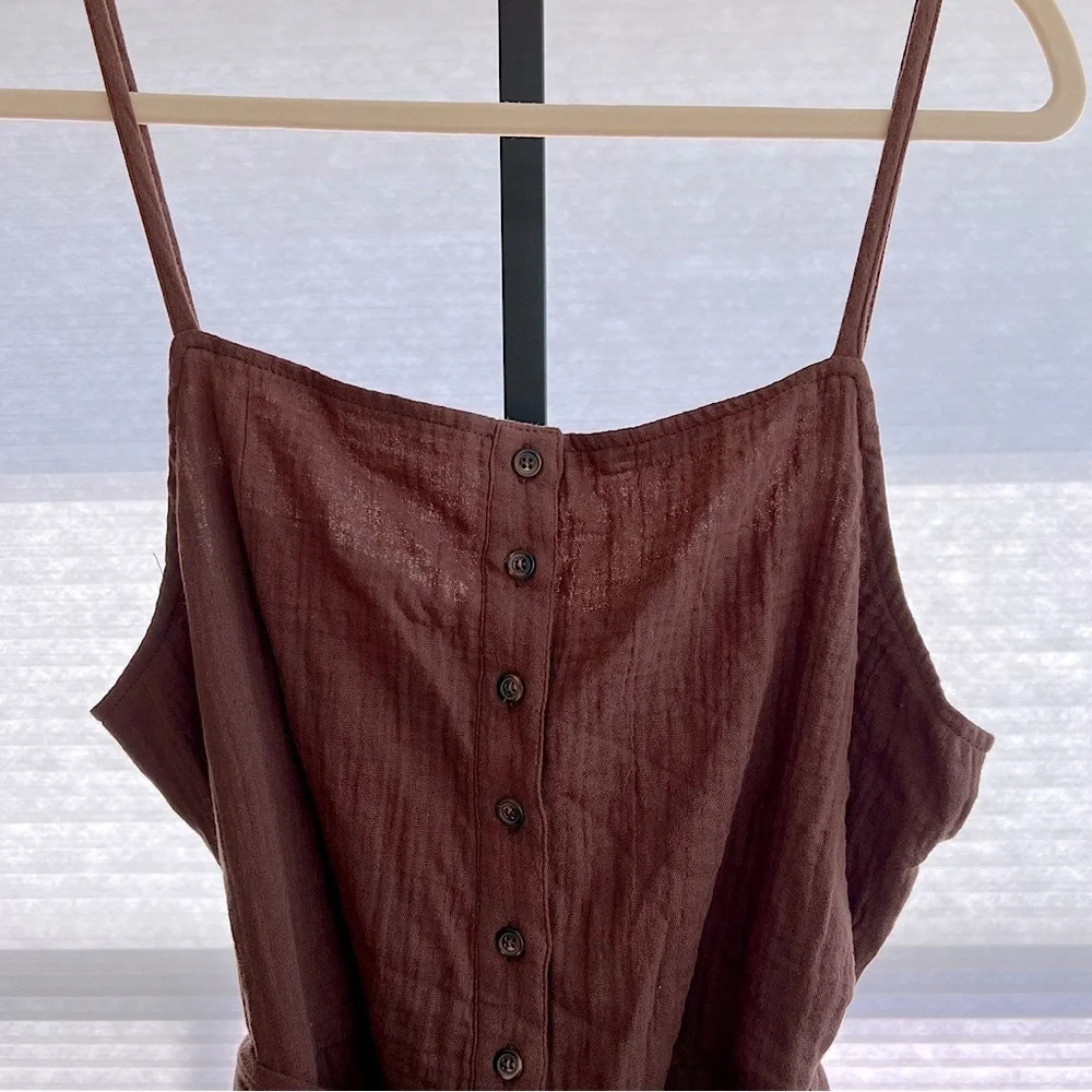 Sanctuary Square Neck Cotton Gauze Tie Waist Front Jumpsuit Hazelnut Brown Large - Picture 3 of 5